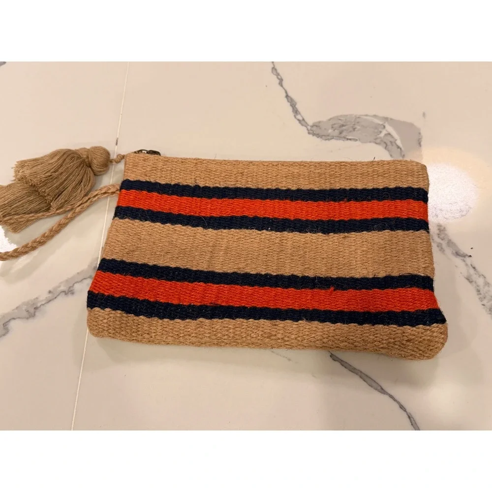 J Jill Jute Stripe Clutch Wristlet Tan Orange Navy Tassel Boho Zip Bag
